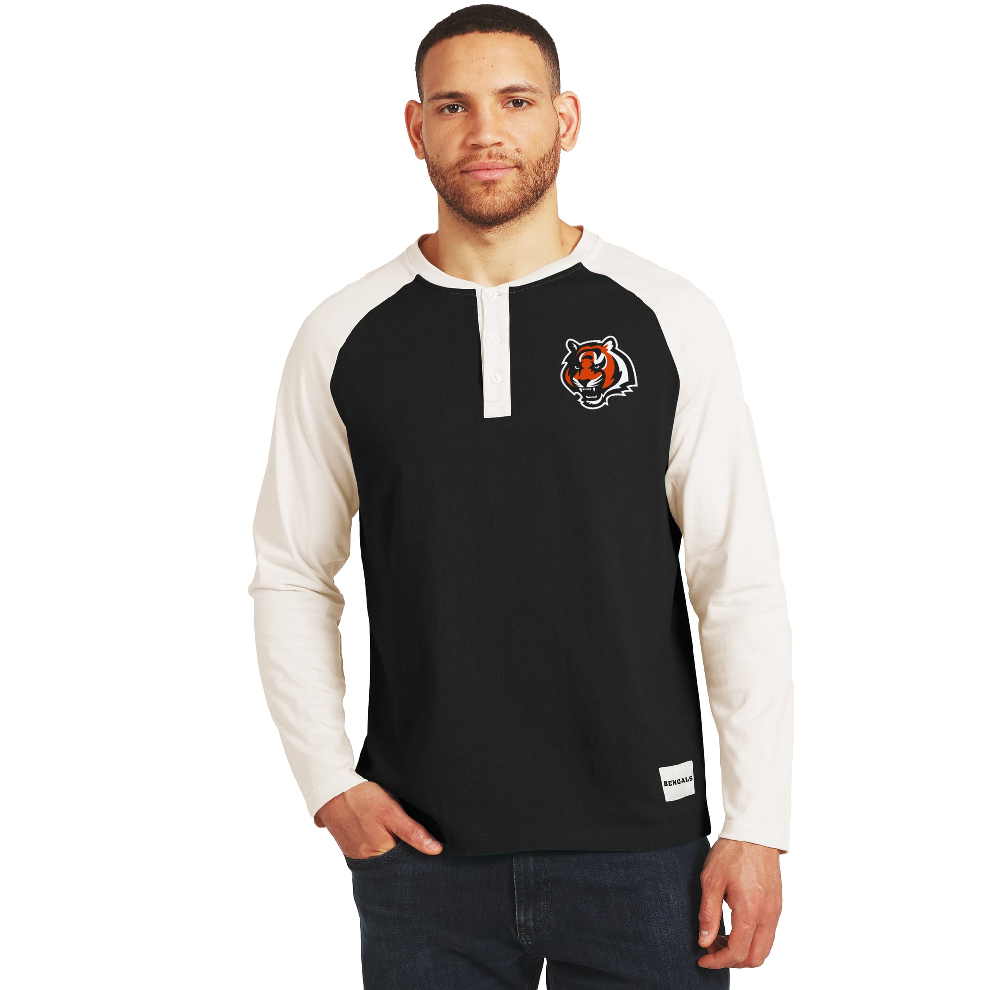 Men’s Darius Rucker Collection by Fanatics Black/Cream Cincinnati Bengals Henley Long Sleeve T-Shirt