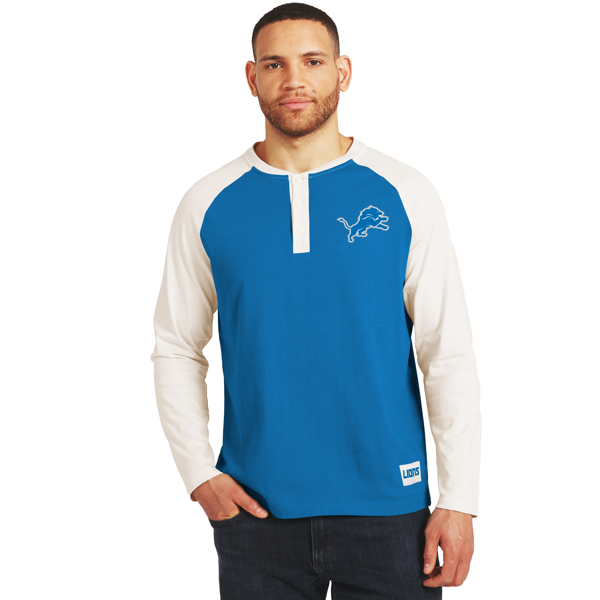 Men's Darius Rucker Collection by Fanatics Blue/Cream Detroit Lions Henley Long Sleeve T-Shirt