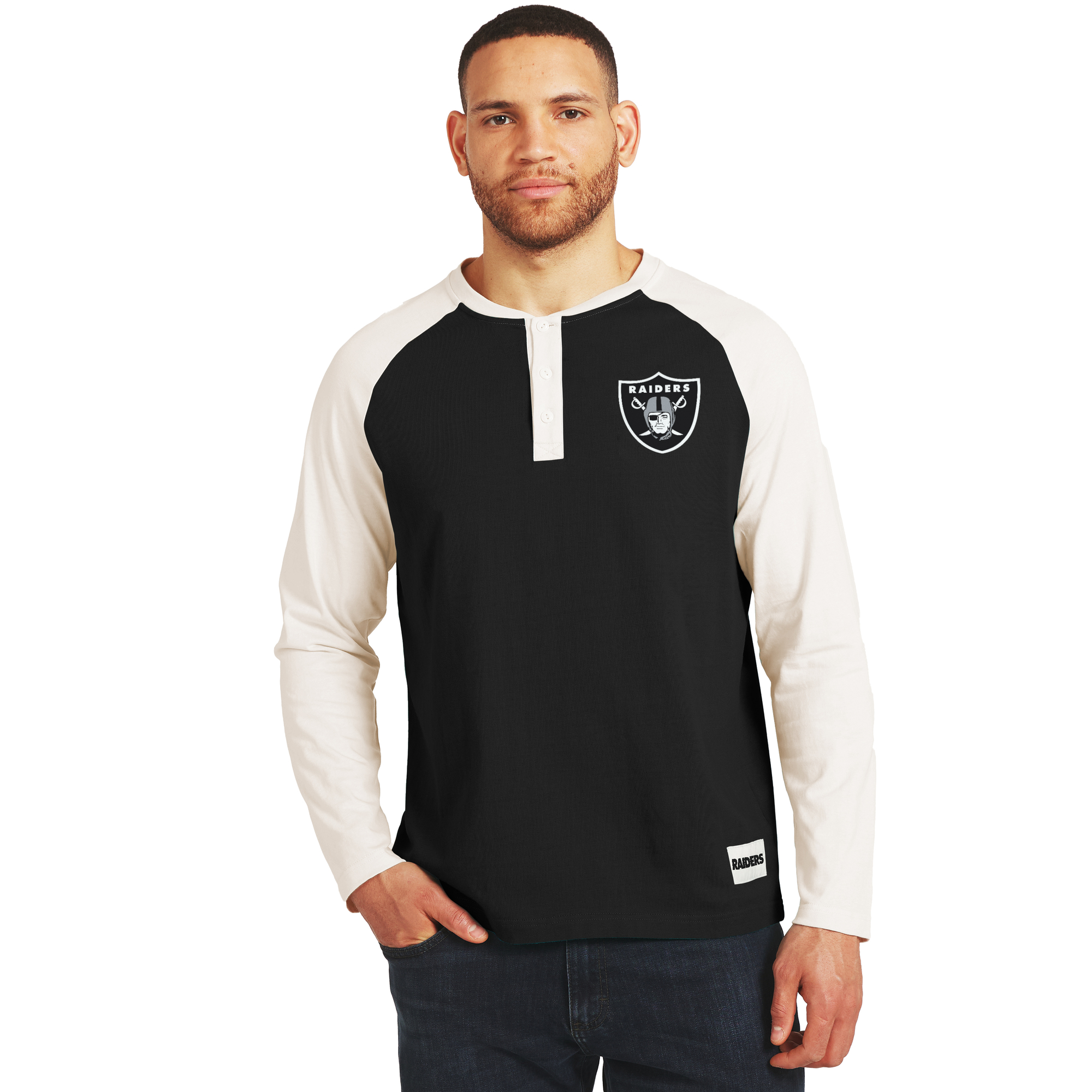 Men's Darius Rucker Collection by Fanatics Black/Cream Las Vegas Raiders Henley Long Sleeve T-Shirt
