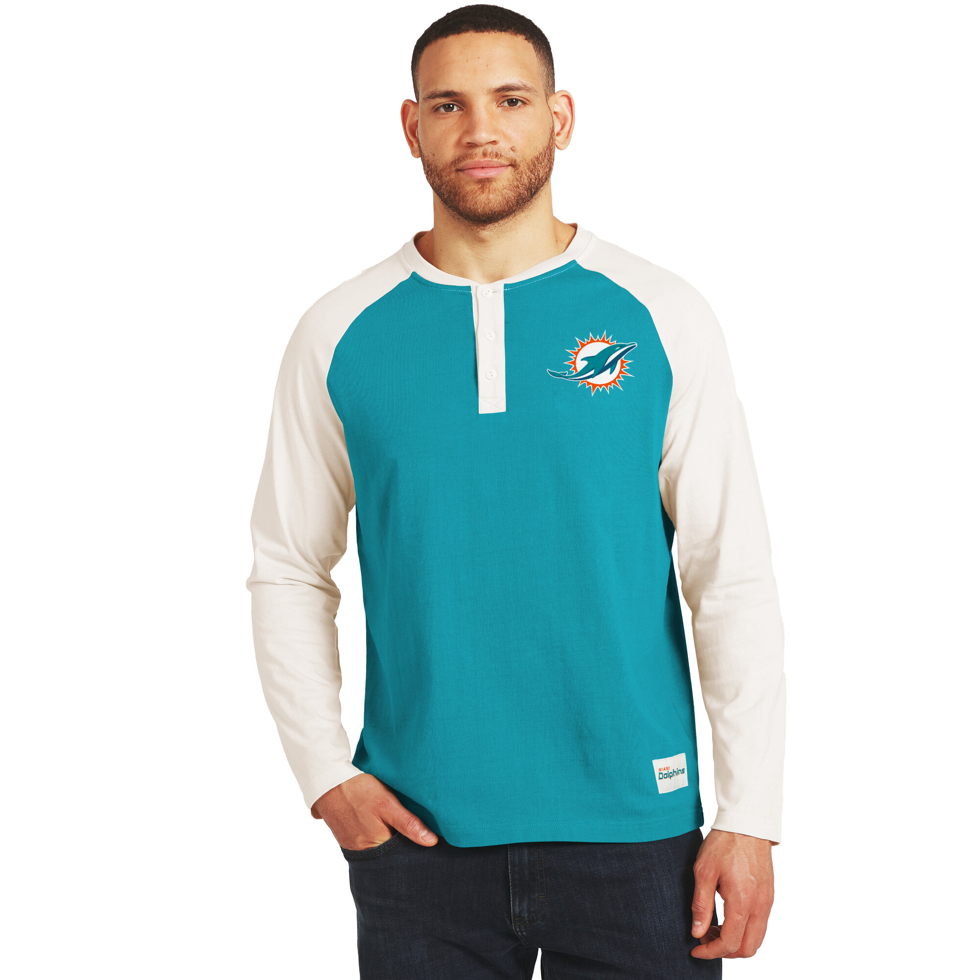 Men's Darius Rucker Collection by Fanatics Aqua/Cream Miami Dolphins Henley Long Sleeve T-Shirt