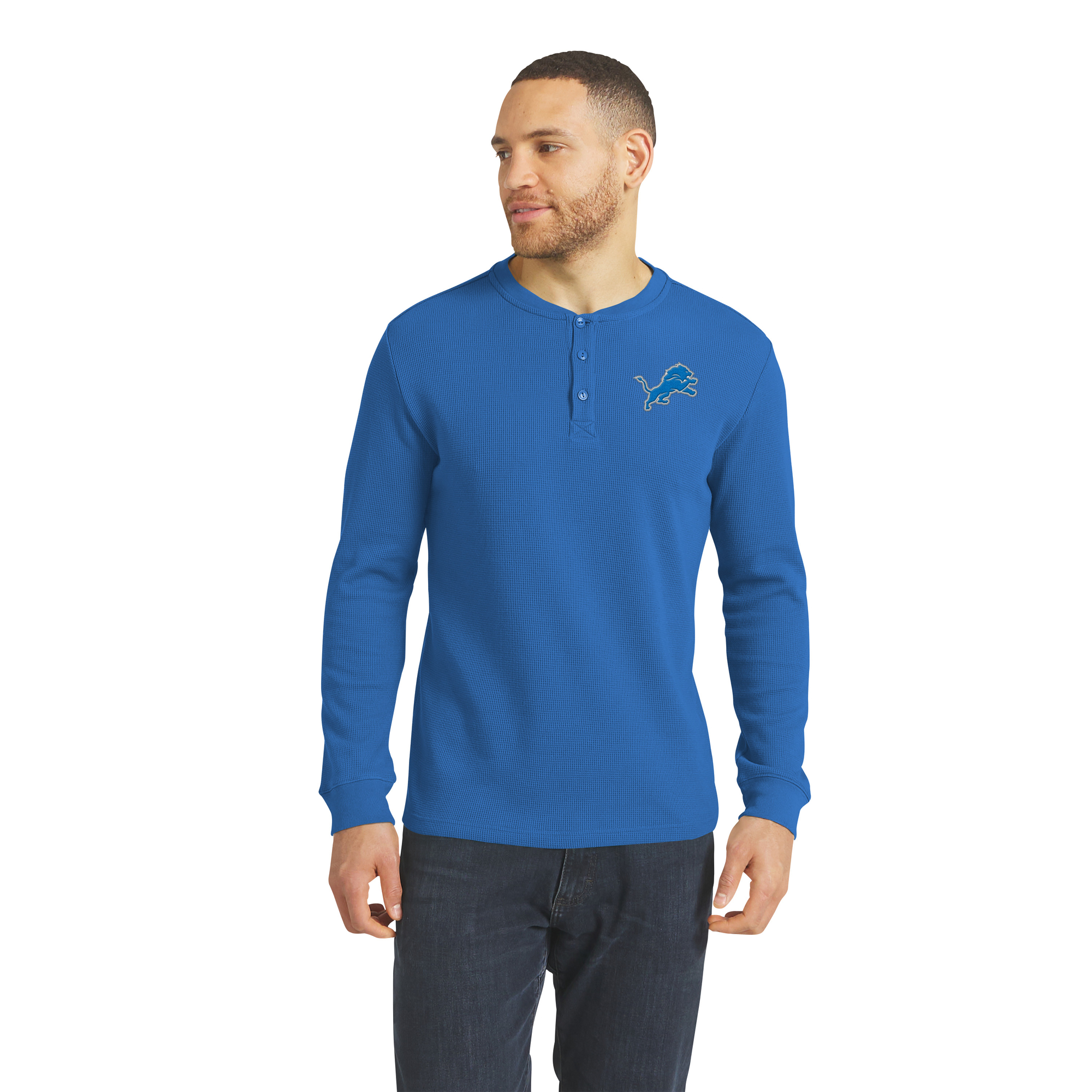 Men's Darius Rucker Collection by Fanatics Blue Detroit Lions Waffle-Knit Henley Long Sleeve T-Shirt