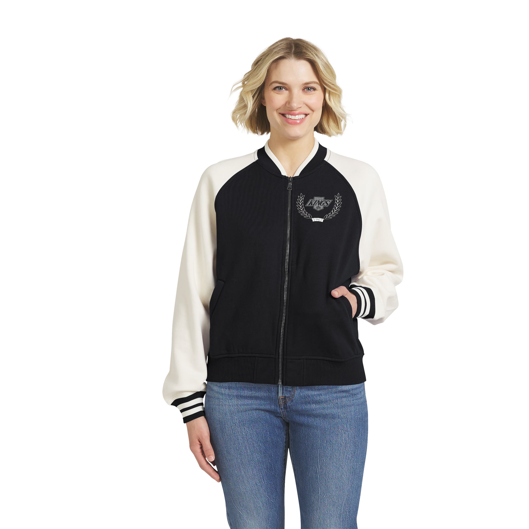 Women's WEAR by Erin Andrews Black/White Los Angeles Kings Fleece Varsity Full-Zip Jacket