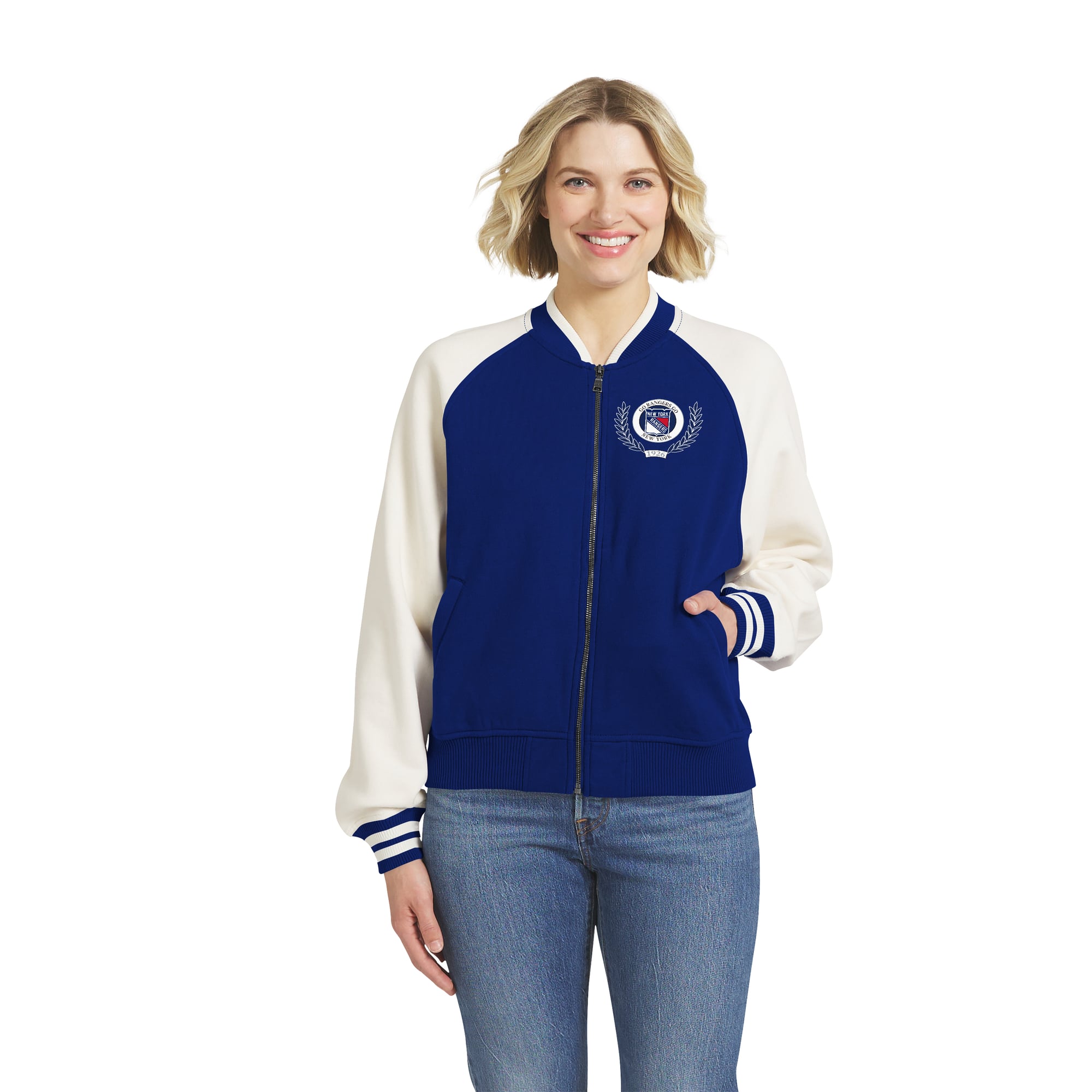 Women's WEAR by Erin Andrews Blue/White New York Rangers Fleece Varsity Full-Zip Jacket