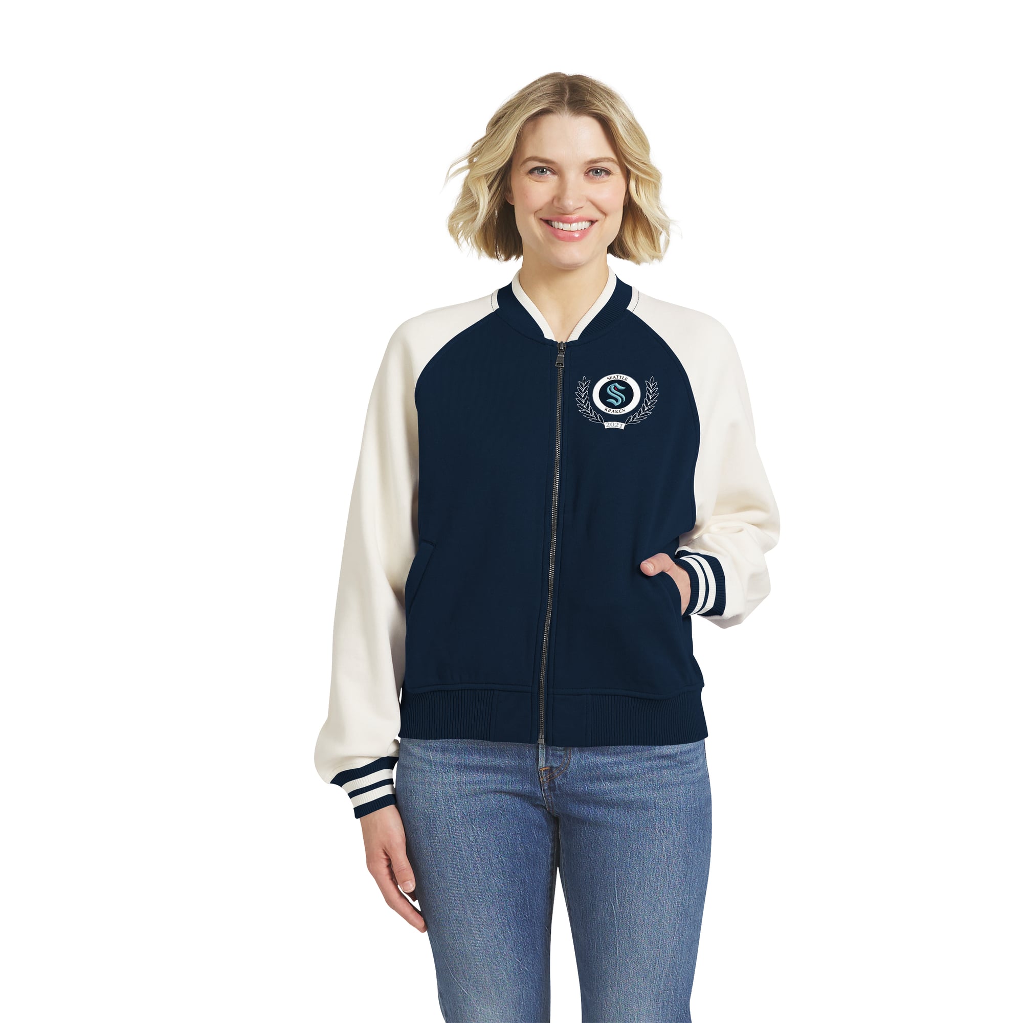 Women's WEAR by Erin Andrews Deep Sea Blue/White Seattle Kraken Fleece Varsity Full-Zip Jacket
