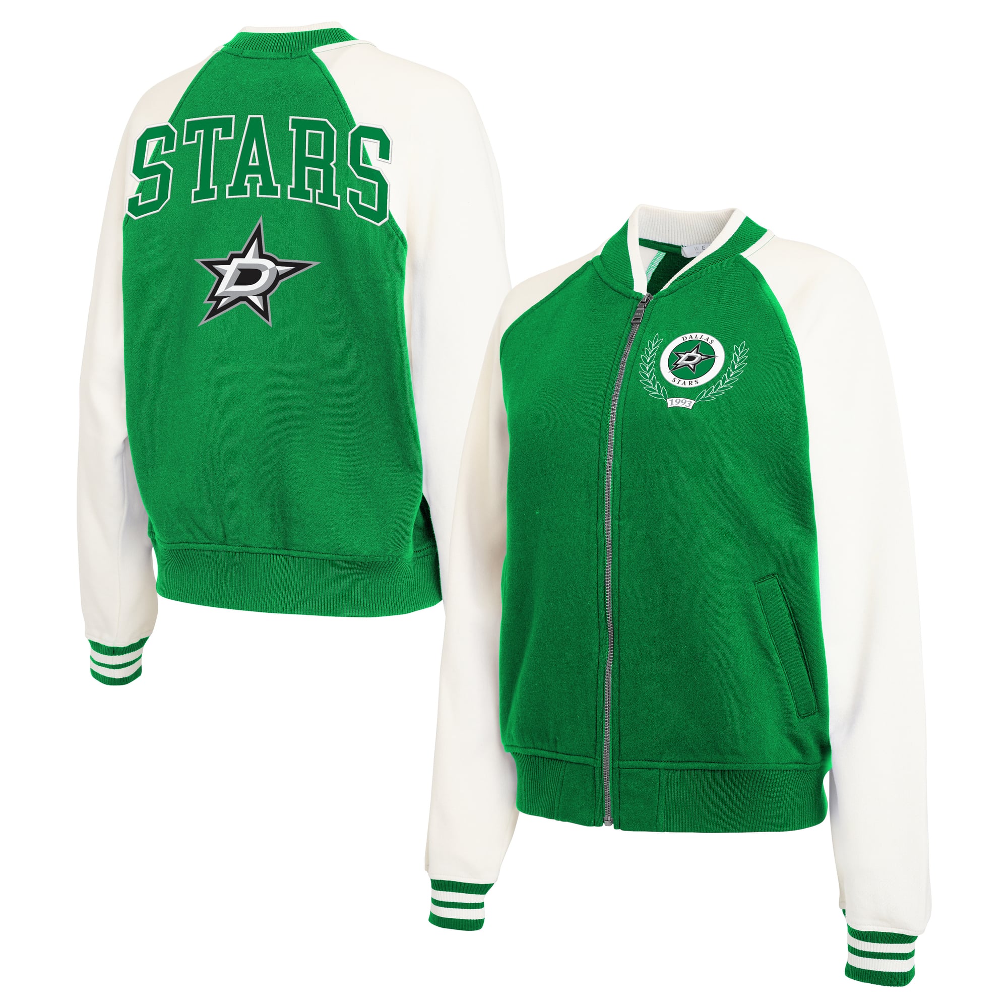 Women's WEAR by Erin Andrews Kelly Green/White Dallas Stars Fleece Varsity Full-Zip Jacket