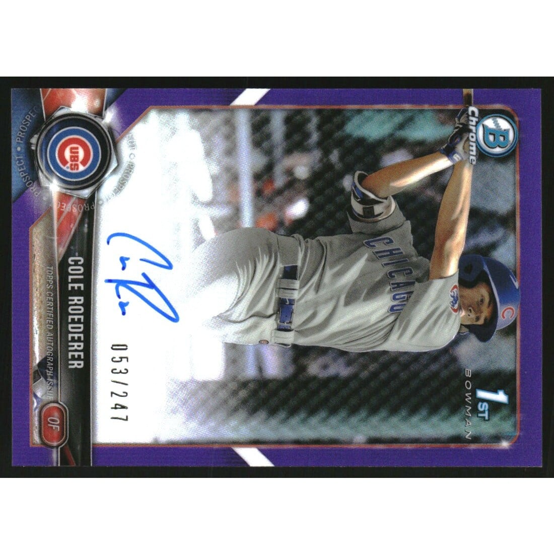 2018 Bowman Chrome Draft Autographs Purple Refractors #CDACR Cole Roederer/247. rookie card picture