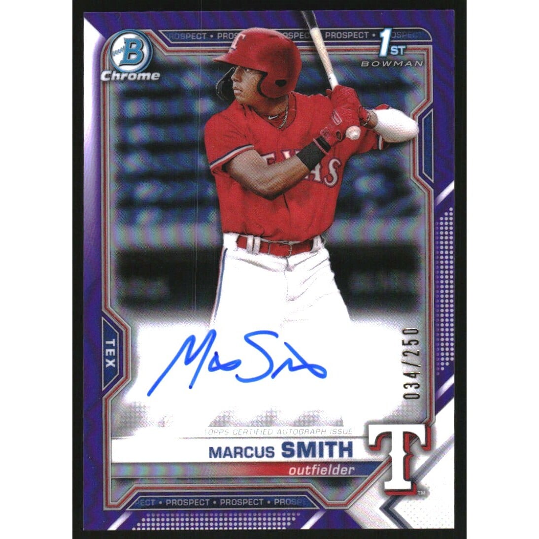 2021 Bowman Chrome Prospect Autographs Purple Refractors #CPAMS Marcus Smith. rookie card picture