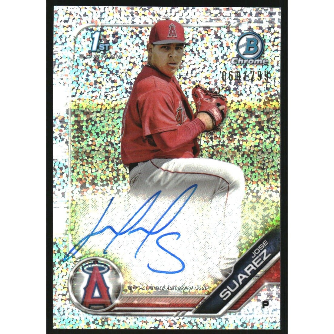 2019 Bowman Chrome Prospect Autographs Speckle Refractors #CPAJS Jose Suarez. rookie card picture