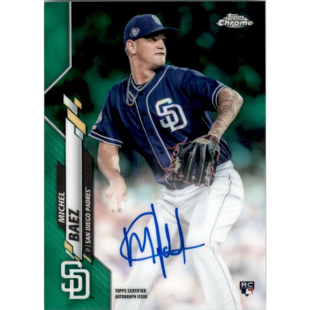 2020 Topps Chrome Rookie Autographs Green Refractors #RAMB Michel Baez. rookie card picture