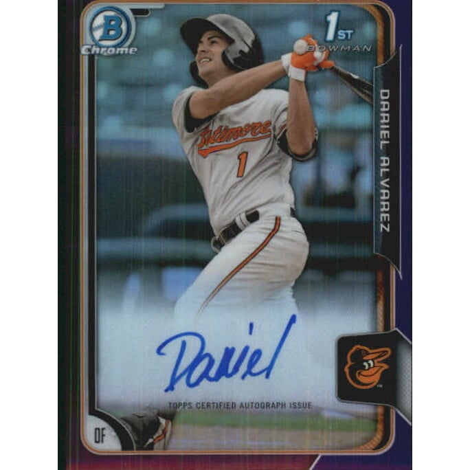 2015 Bowman Chrome Prospect Autographs Purple Refractors #BCAPDA Dariel Alvarez. rookie card picture