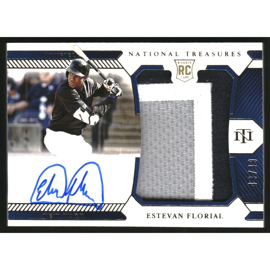2021 Panini National Treasures Rookie Material Signatures Gold #185 Estevan Florial JSY AU. rookie card picture