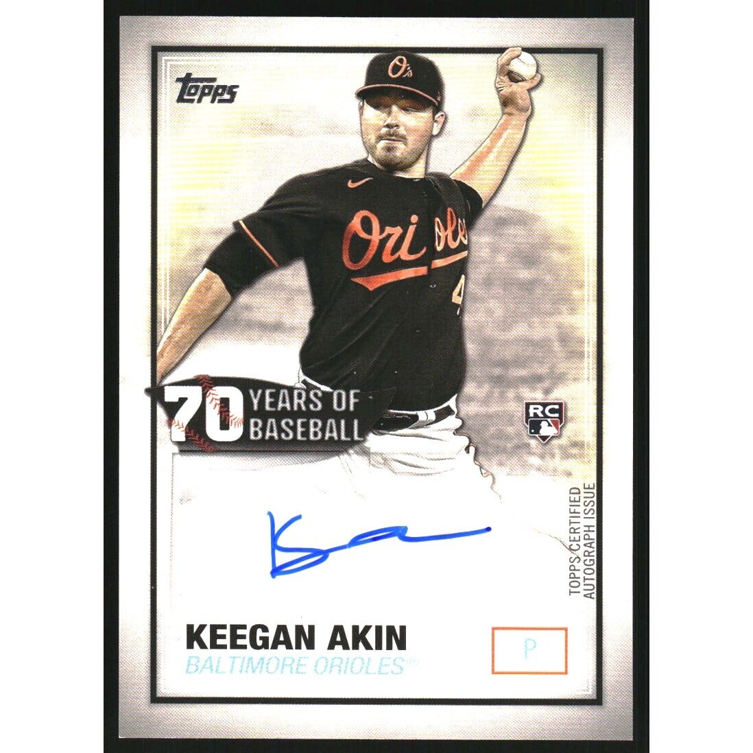 2021 Topps 70 Years of Baseball Autographs #70YAKA Keegan Akin. rookie card picture