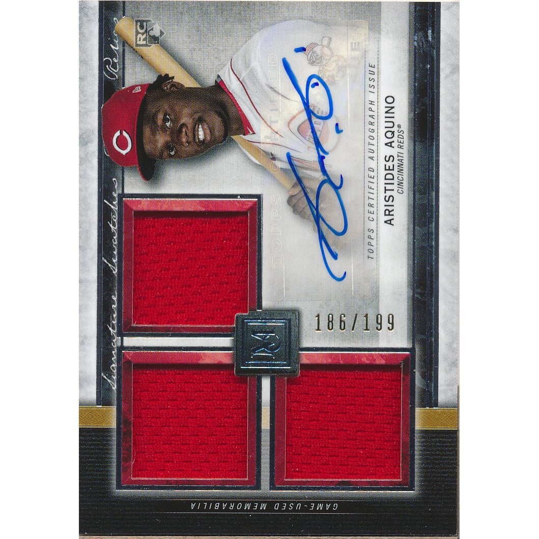 2020 Topps Museum Collection Signature Swatches Triple Relic Autographs #SSTAAA Aristides Aquino. rookie card picture