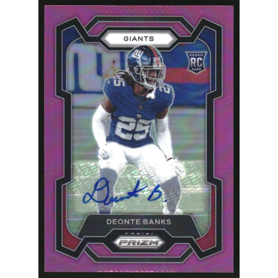 2023 Panini Prizm Autographs Prizms Pink #376 Deonte Banks. rookie card picture