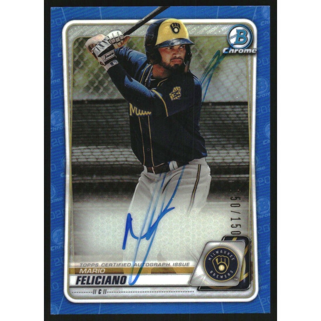 2020 Bowman Chrome Prospect Autographs Blue Refractors #CPAMF Mario Feliciano. rookie card picture