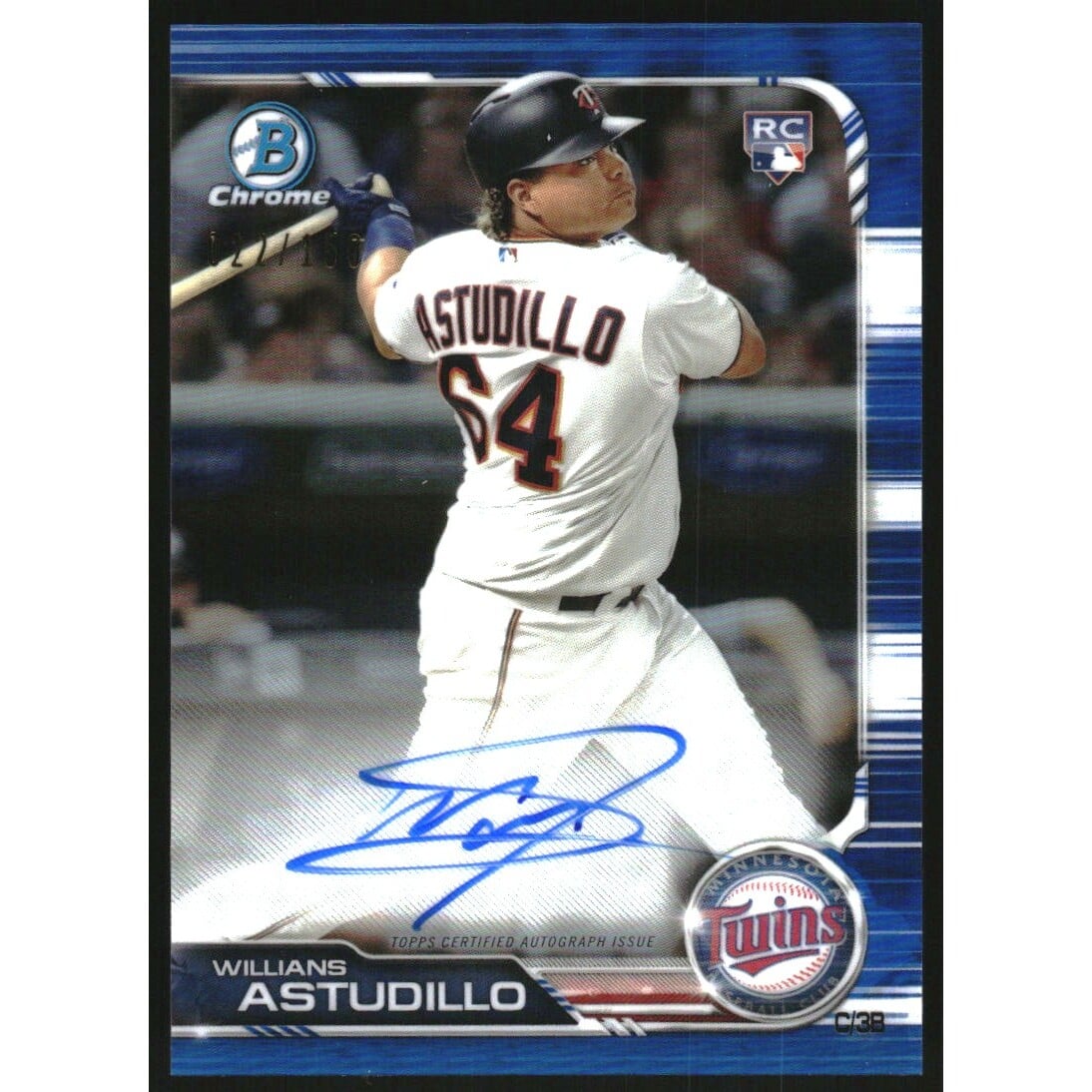 2019 Bowman Chrome Rookie Autographs Blue Refractors #CRAWA Willians Astudillo. rookie card picture