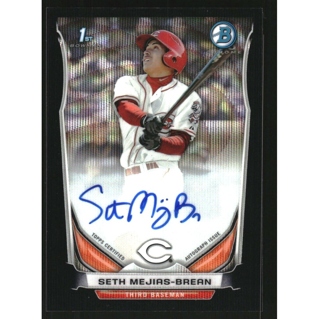 2014 Bowman Chrome Prospect Autographs Black Wave Refractors #BCAPSMB Seth Mejias-Brean. rookie card picture