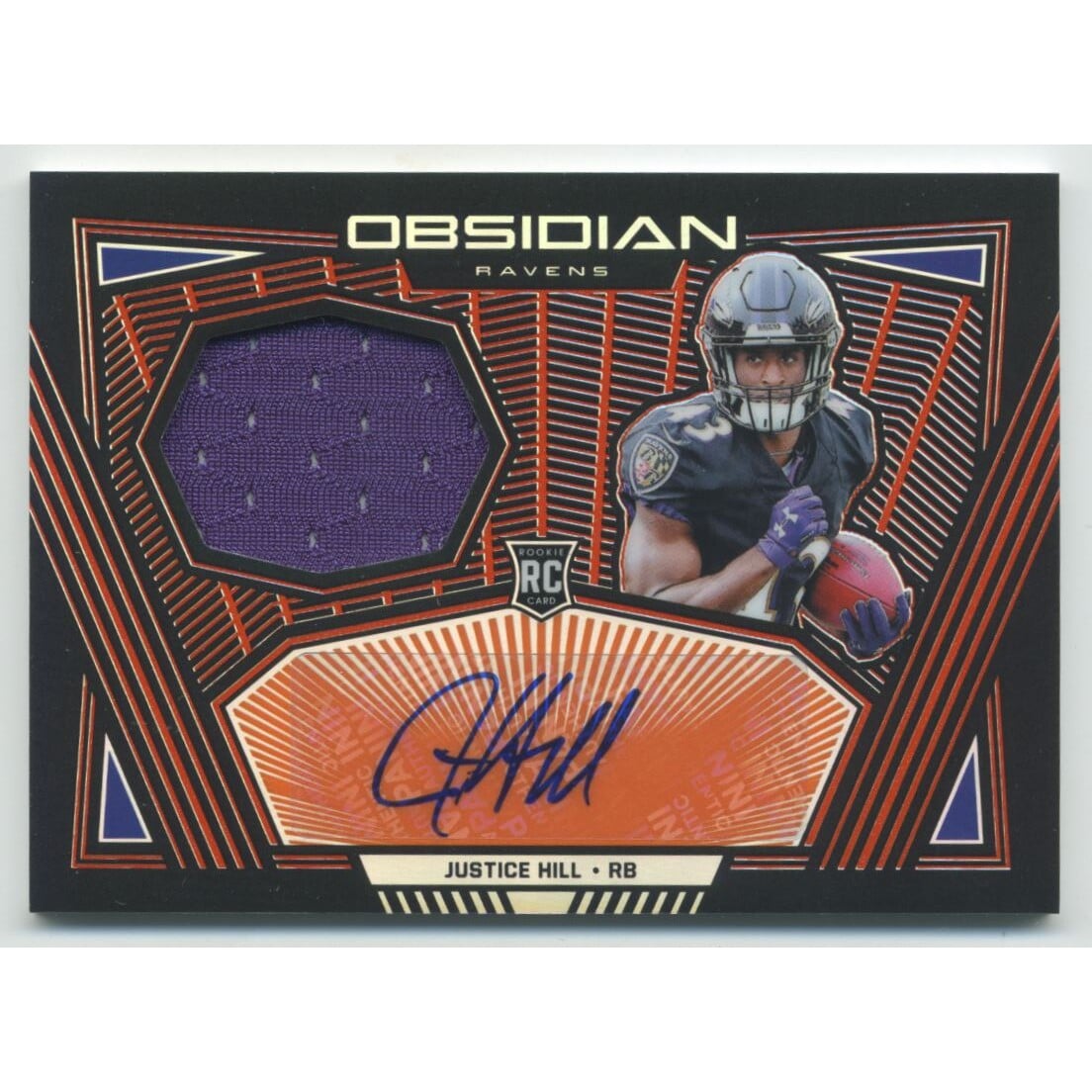 2019 Panini Obsidian Rookie Jersey Autographs Electric Etch Orange #17 Justice Hill. rookie card picture