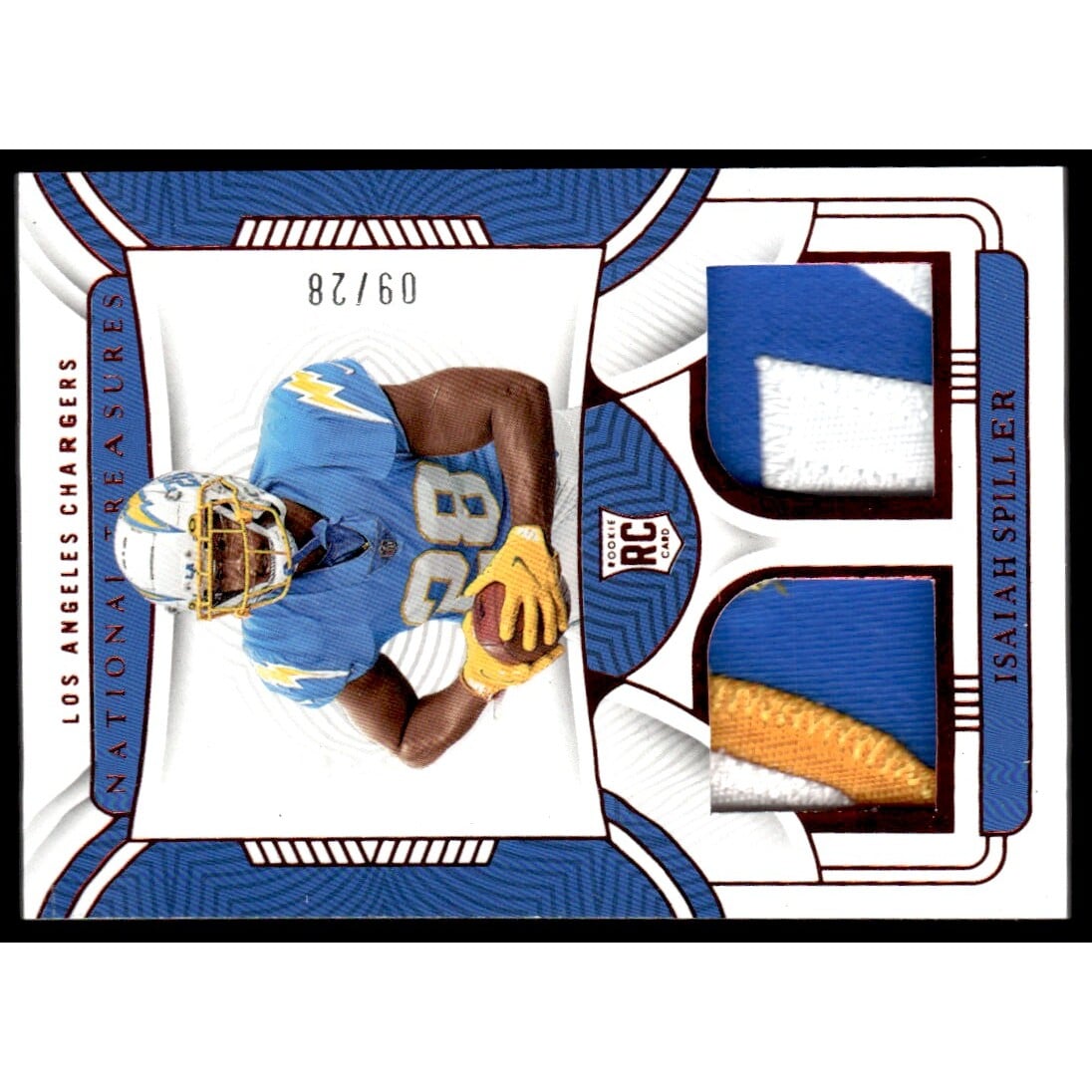 2022 Panini National Treasures Rookie Dual Materials Jersey Number Red #34 Isaiah Spiller/28. rookie card picture