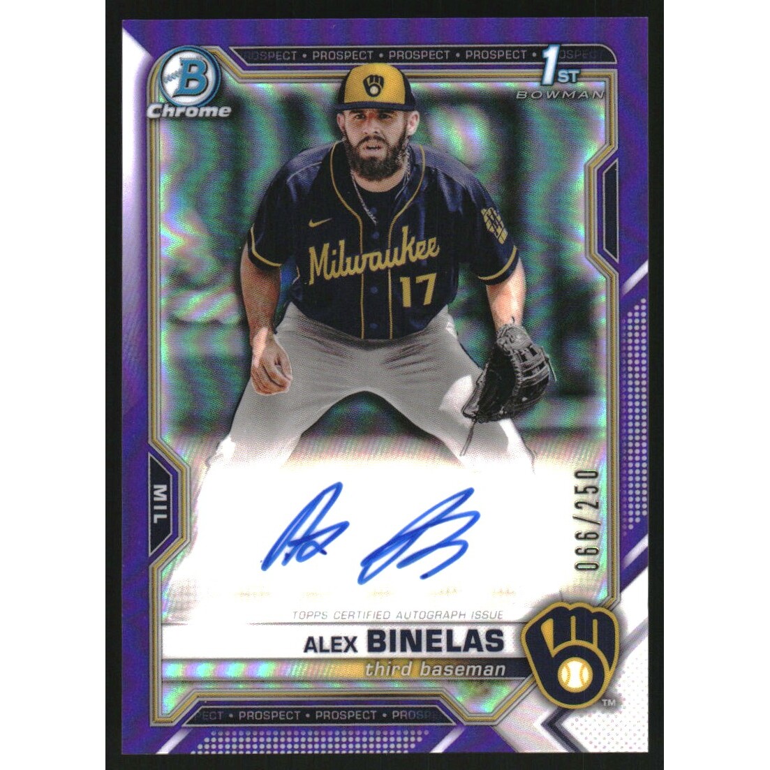 2021 Bowman Chrome Draft Autographs Purple Refractors #CDAAB Alex Binelas. rookie card picture