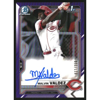 2021 Bowman Chrome Prospect Autographs Purple Refractors #CPAMV Malvin Valdez