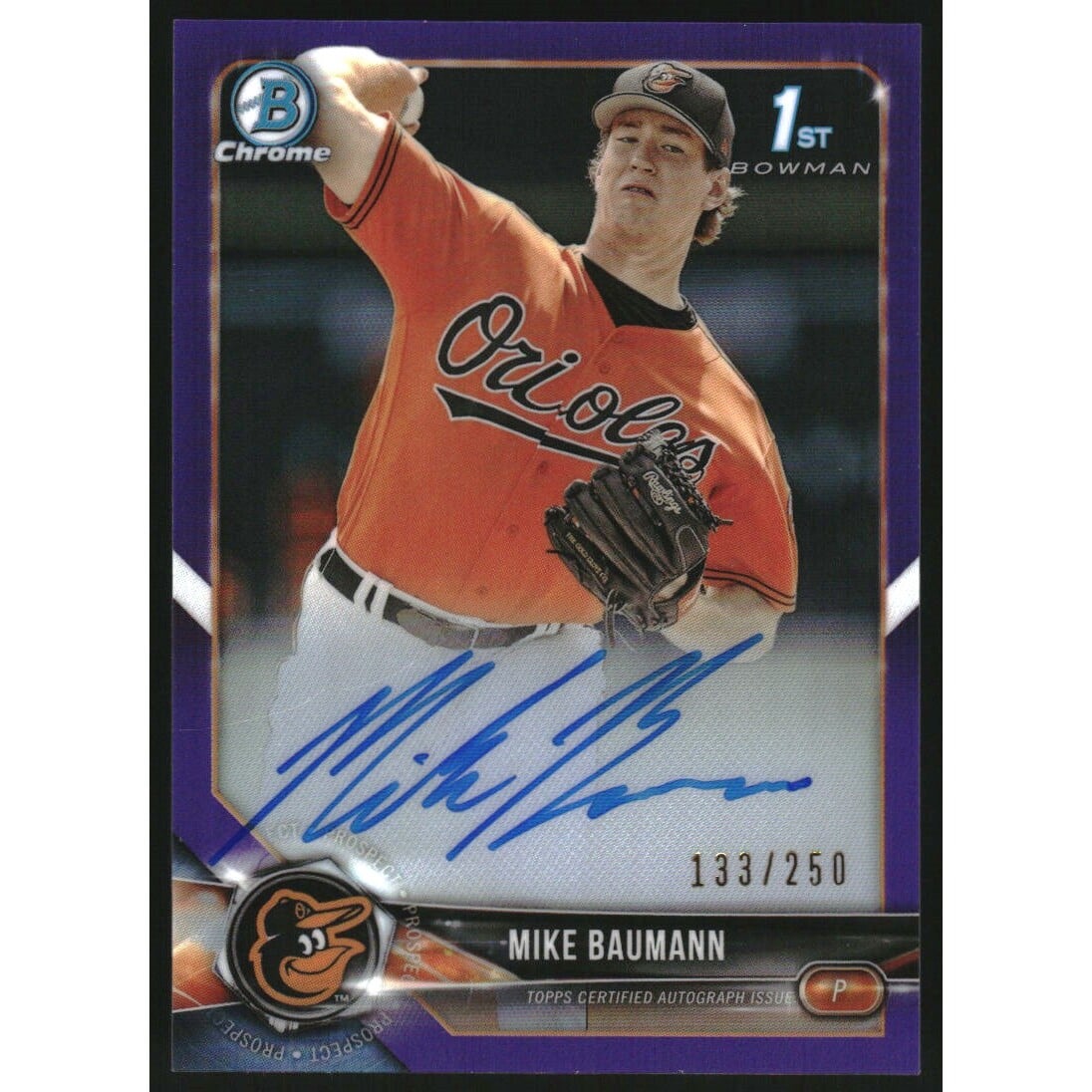 2018 Bowman Chrome Prospect Autographs Purple Refractors #BCPAMB Mike Baumann. rookie card picture