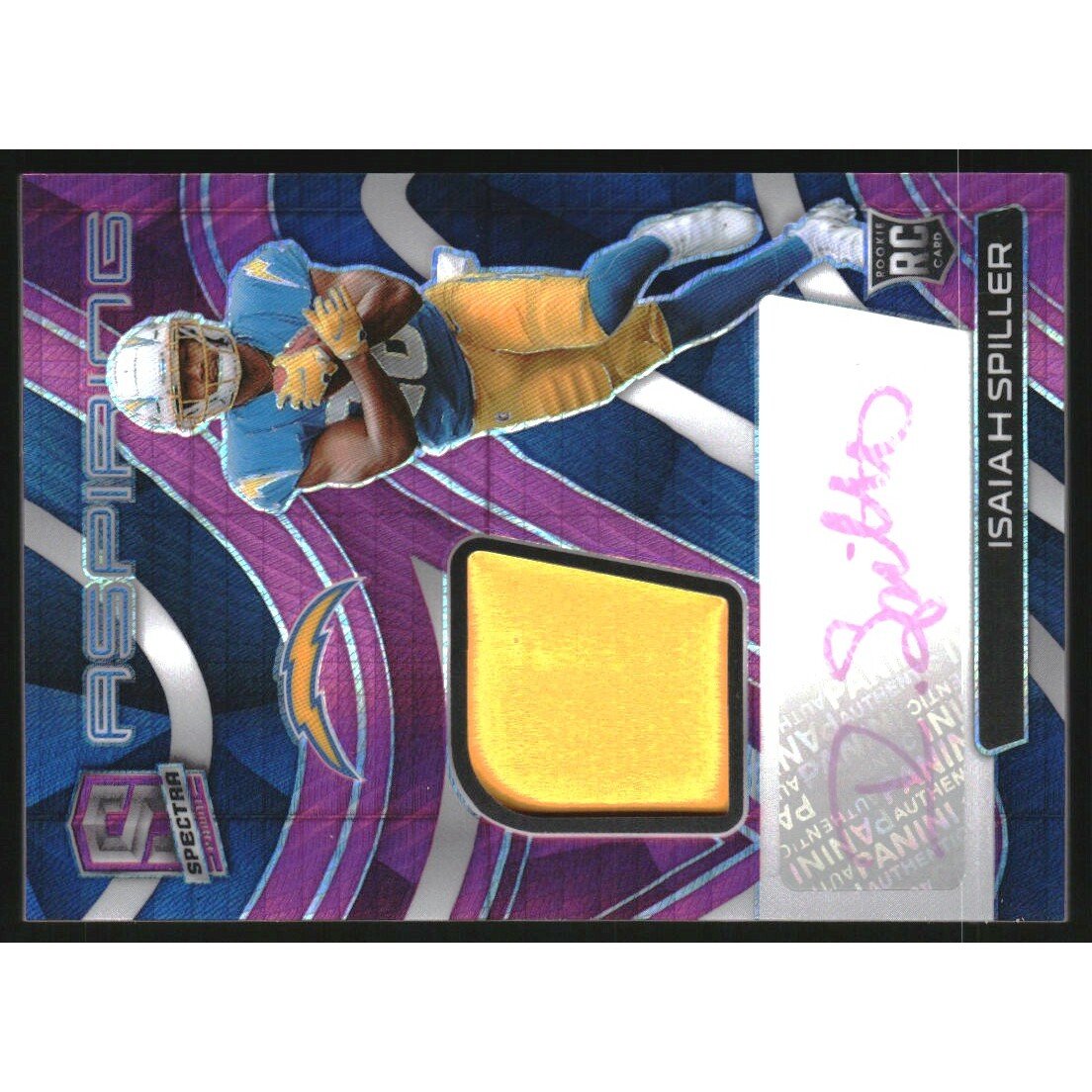 2022 Panini Spectra Aspiring Patch Autographs Neon Pink #9 Isaiah Spiller. rookie card picture