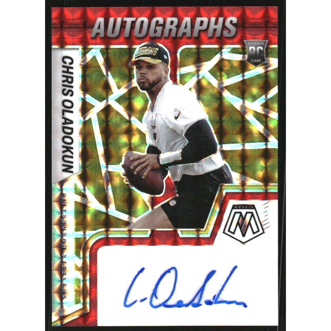 2022 Panini Mosaic Rookie Autographs Mosaic Choice Fusion Red and Yellow #65 Chris Oladokun. rookie card picture