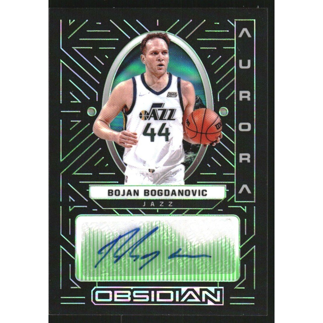 2021-22 Panini Obsidian Aurora Autographs Electric Etch Green #1 Bojan Bogdanovic. rookie card picture