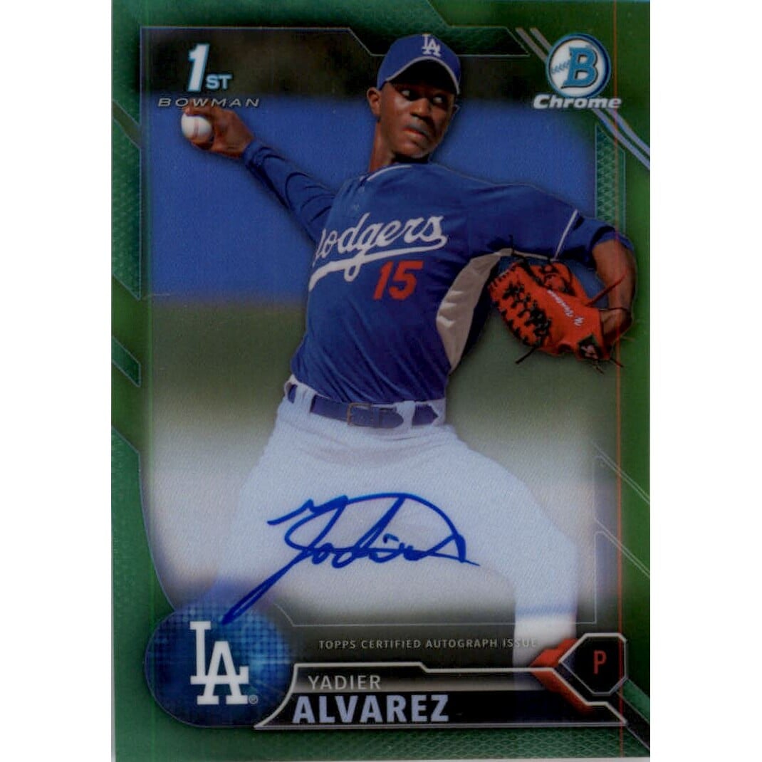 2016 Bowman Chrome Prospect Autographs Green Refractors #CPAYA Yadier Alvarez. rookie card picture