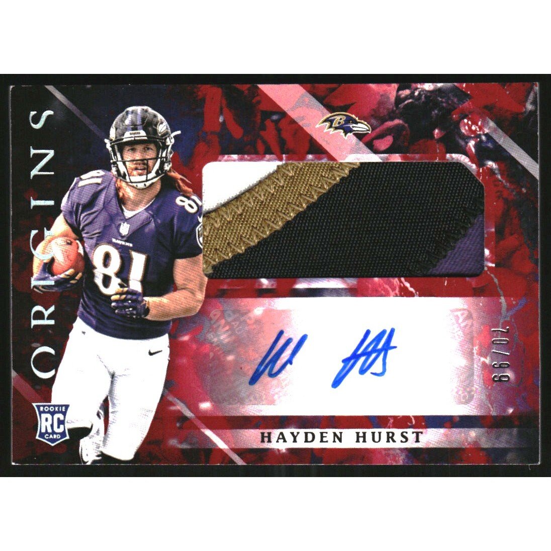 2018 Panini Origins Red #107 Hayden Hurst JSY AU. rookie card picture
