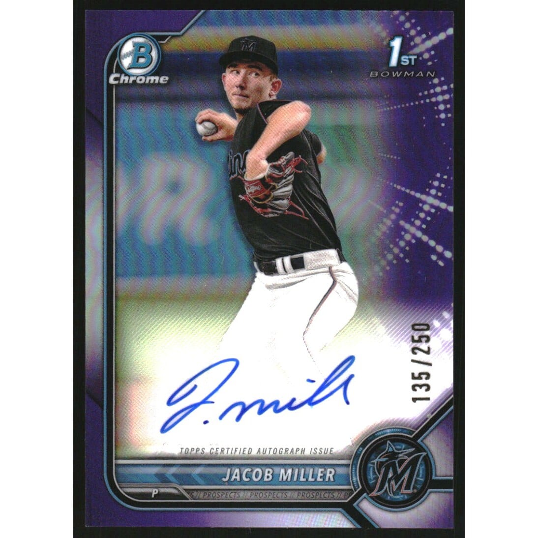 2022 Bowman Chrome Draft Autographs Purple Refractors #CDAJMR Jacob Miller. rookie card picture