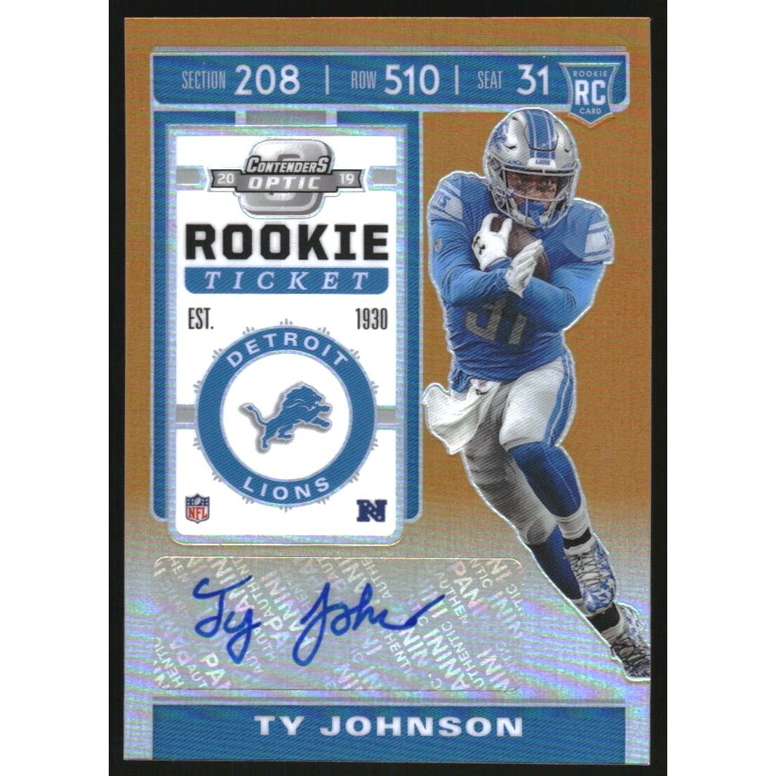 2019 Panini Contenders Optic Orange #145 Ty Johnson AU. rookie card picture