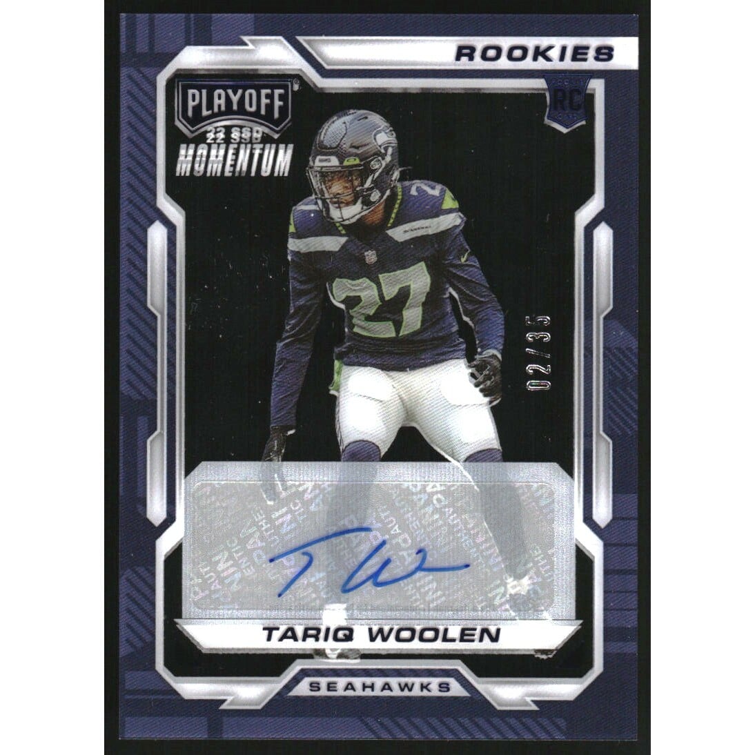 2022 Panini Chronicles Playoff Momentum Rookies Autographs Blue #39 Tariq Woolen/35. rookie card picture
