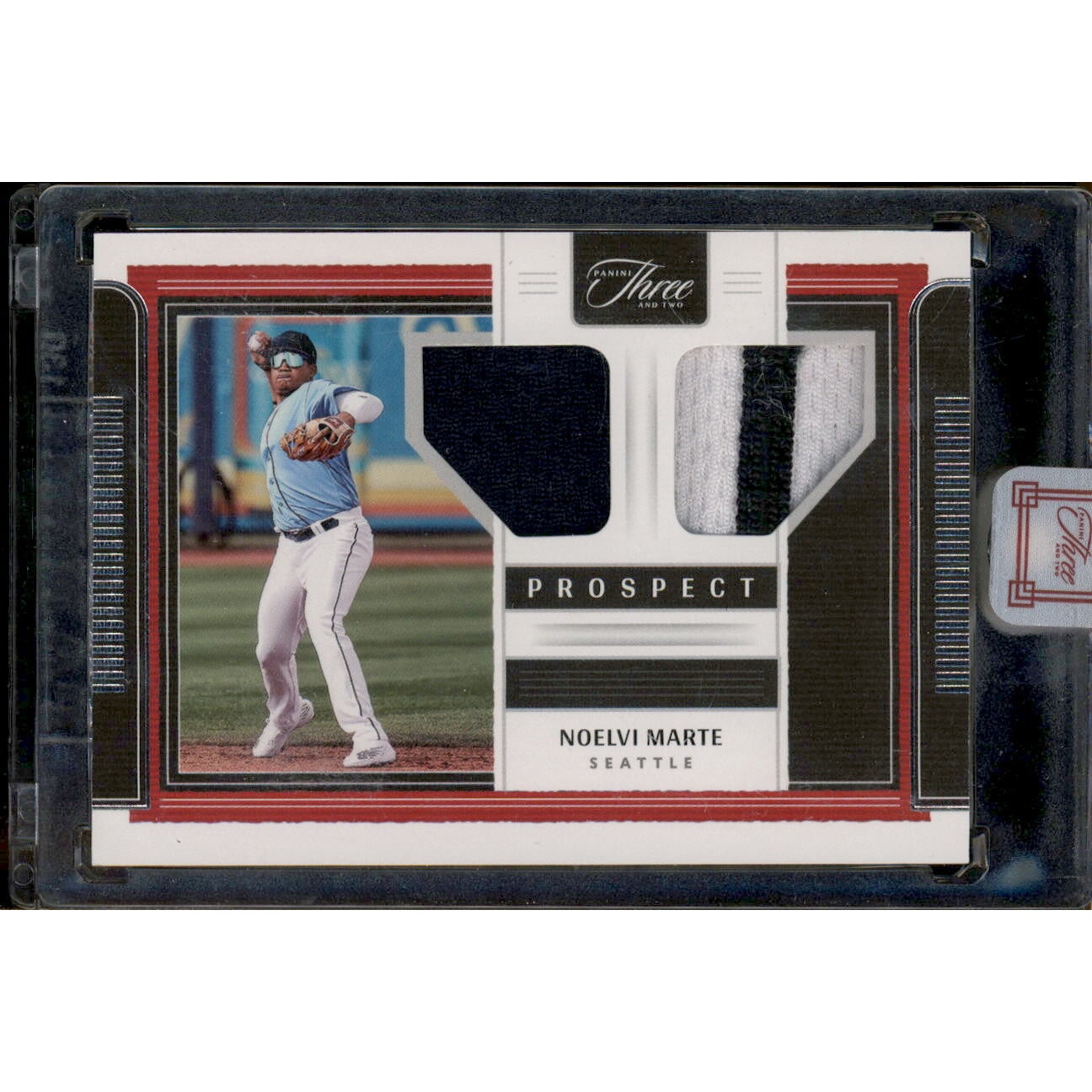 2022 Panini Three and Two Prospect Dual Jerseys #4 Noelvi Marte. rookie card picture