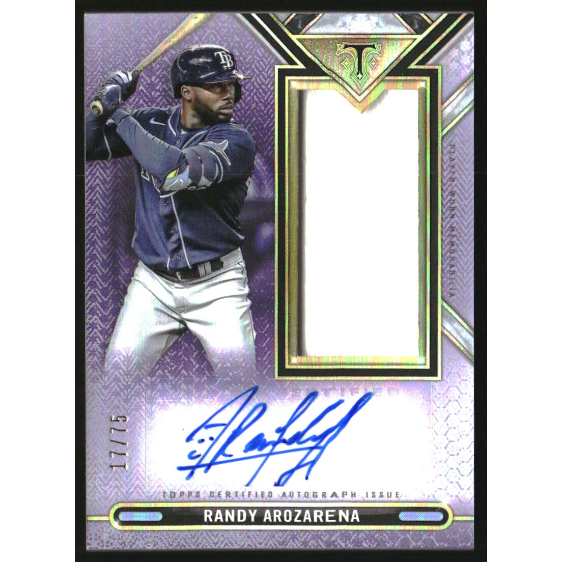 2021 Topps Triple Threads Single Jumbo Relic Autographs Amethyst #ASJRRA Randy Arozarena. rookie card picture