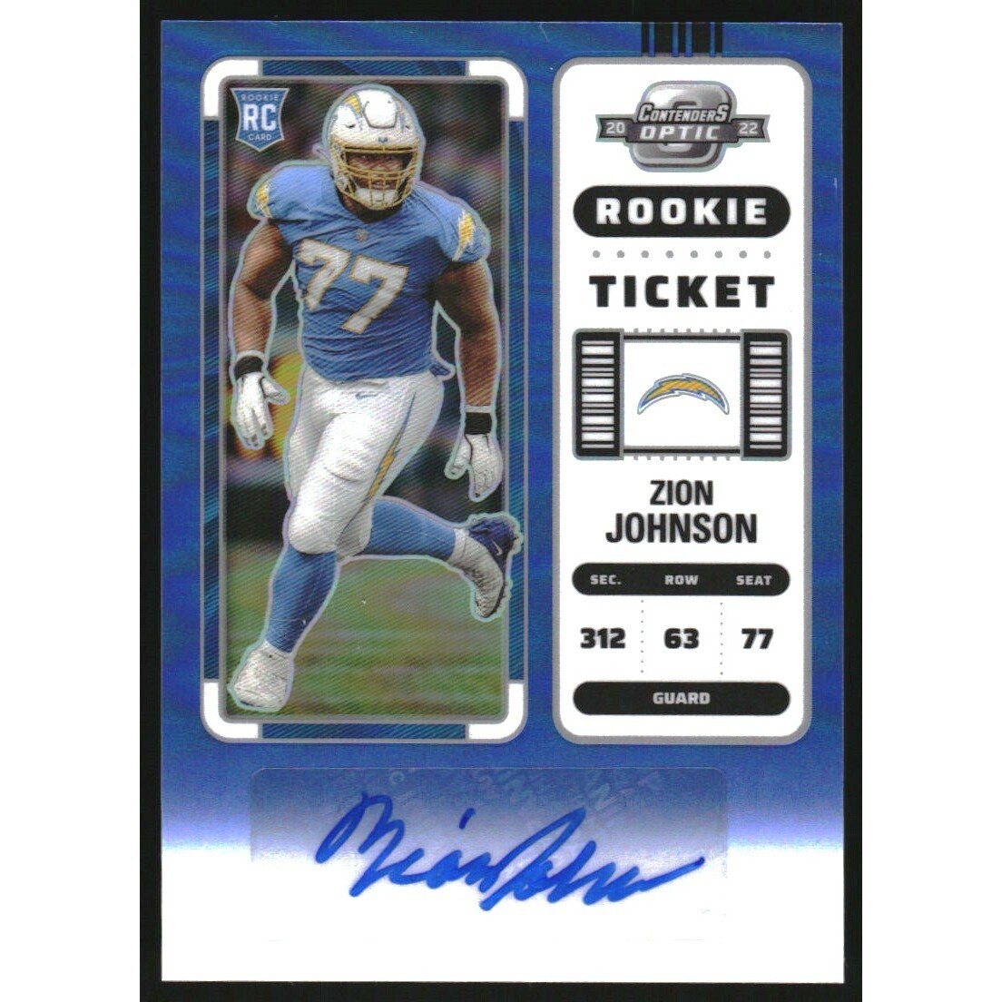 2022 Panini Contenders Optic Blue #207 Zion Johnson AU/75. rookie card picture