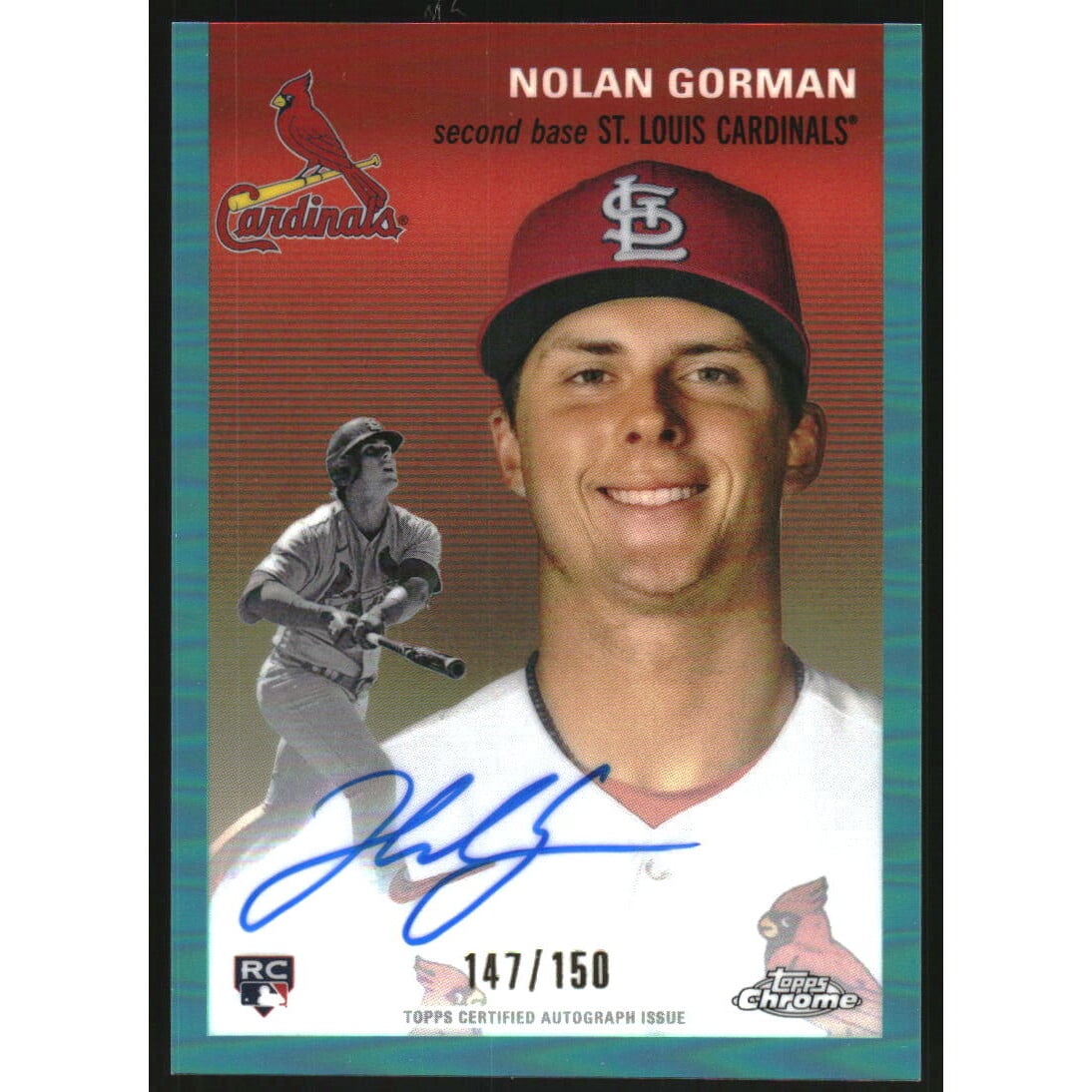 2023 Topps Chrome Platinum Anniversary Autographs Aqua Refractors #CPANG Nolan Gorman. rookie card picture