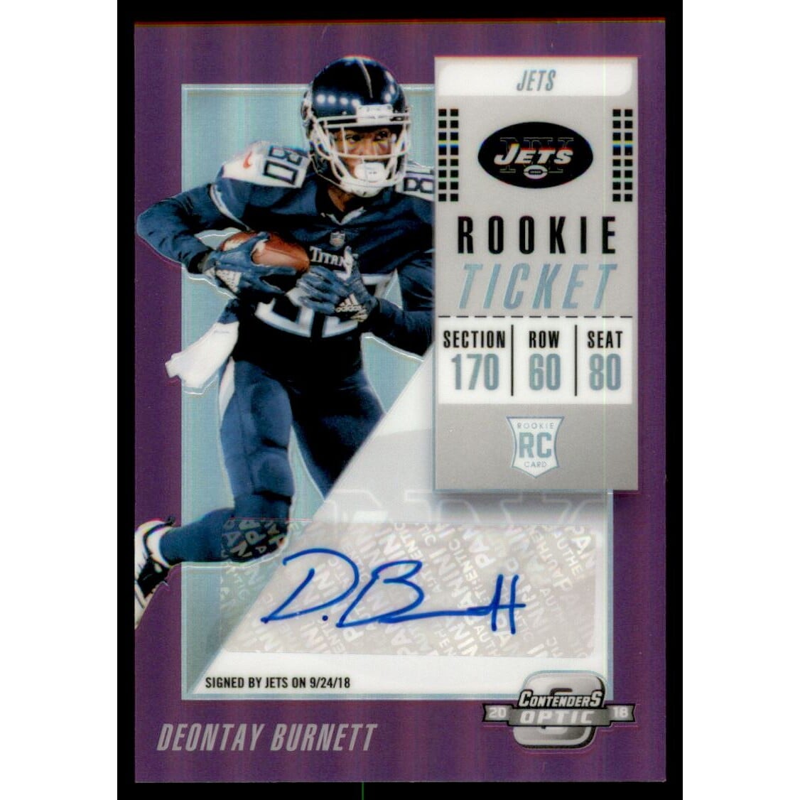 2018 Panini Contenders Optic Purple #173 Deontay Burnett AU/99. rookie card picture