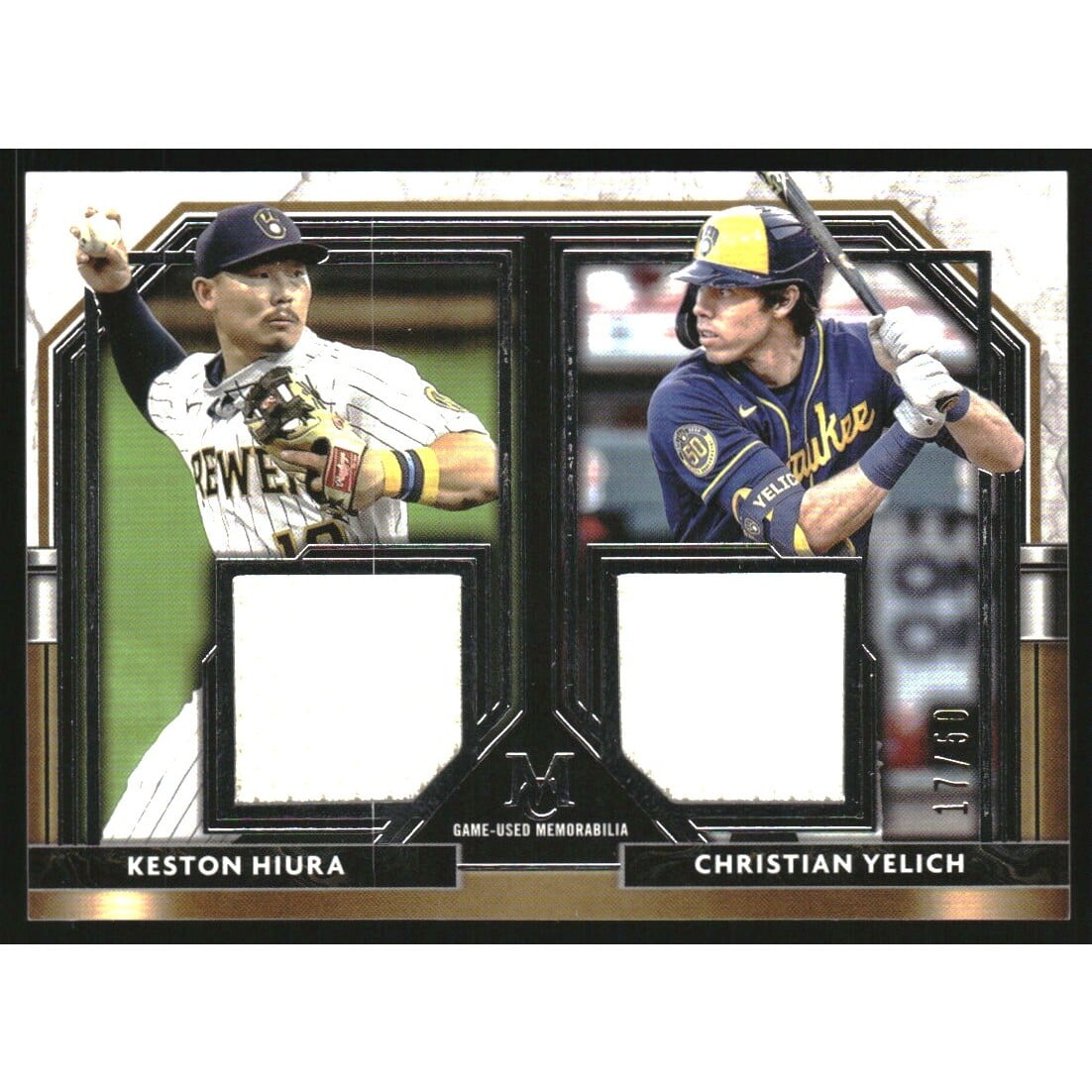 2021 Topps Museum Collection Dual Meaningful Material Relics #DMRHY Christian Yelich/Keston Hiura. rookie card picture