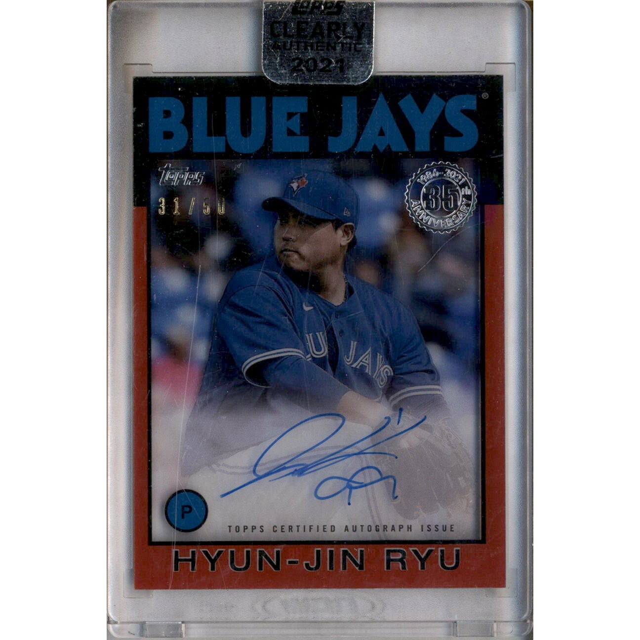 2021 Topps Clearly Authentic '86 Topps Autographs Red #86TBAHR Hyun-Jin Ryu. rookie card picture