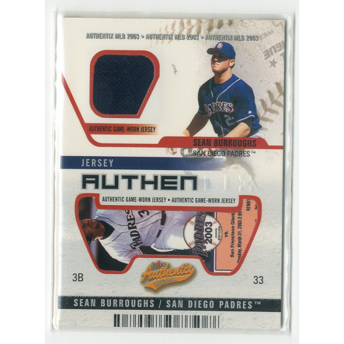 2003 Fleer Authentix Game Jersey Unripped #SB Sean Burroughs. rookie card picture