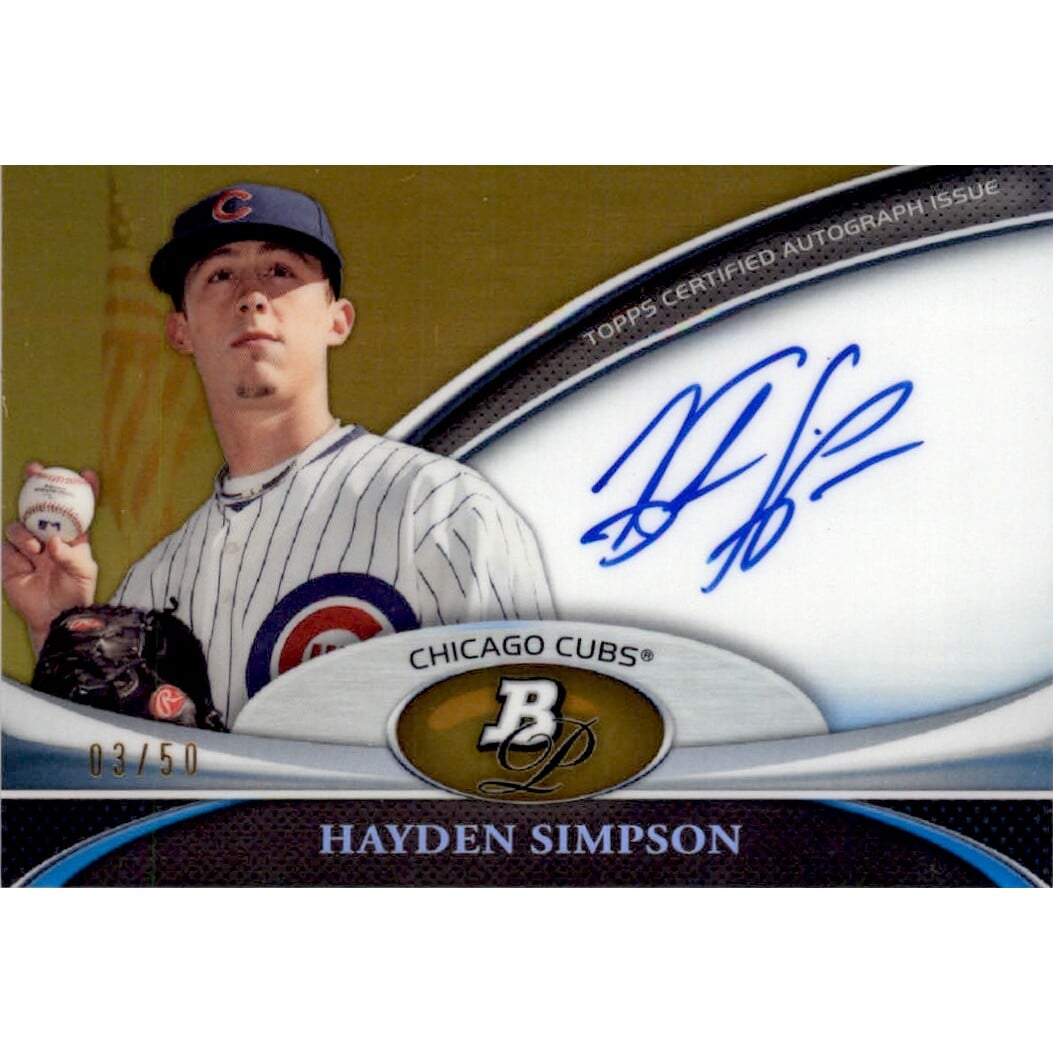 2011 Bowman Platinum Prospect Autograph Gold Refractors #HS Hayden Simpson. rookie card picture