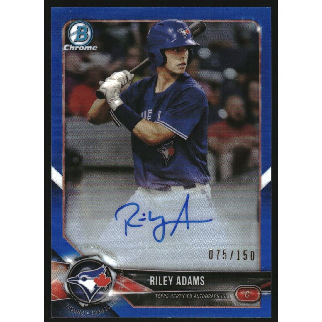 2018 Bowman Chrome Prospect Autographs Blue Refractors #BCPARAD Riley Adams. rookie card picture