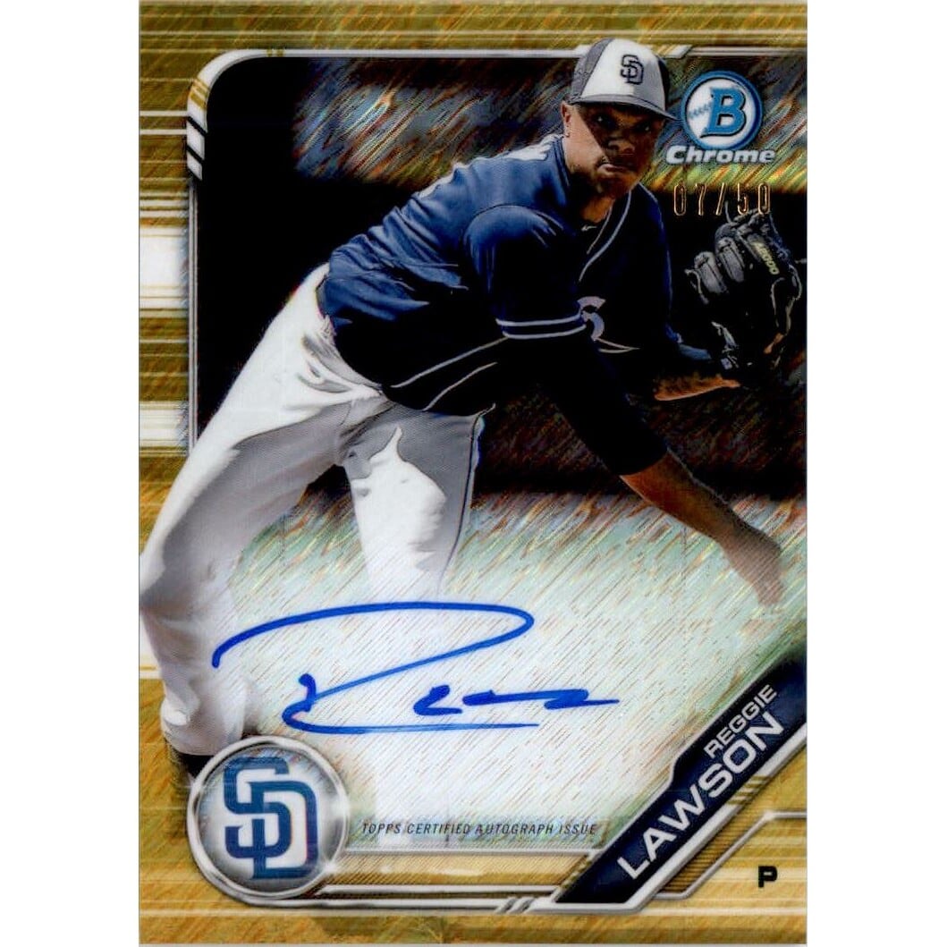 2019 Bowman Chrome Prospect Autographs Gold Shimmer Refractors #CPARL Reggie Lawson. rookie card picture