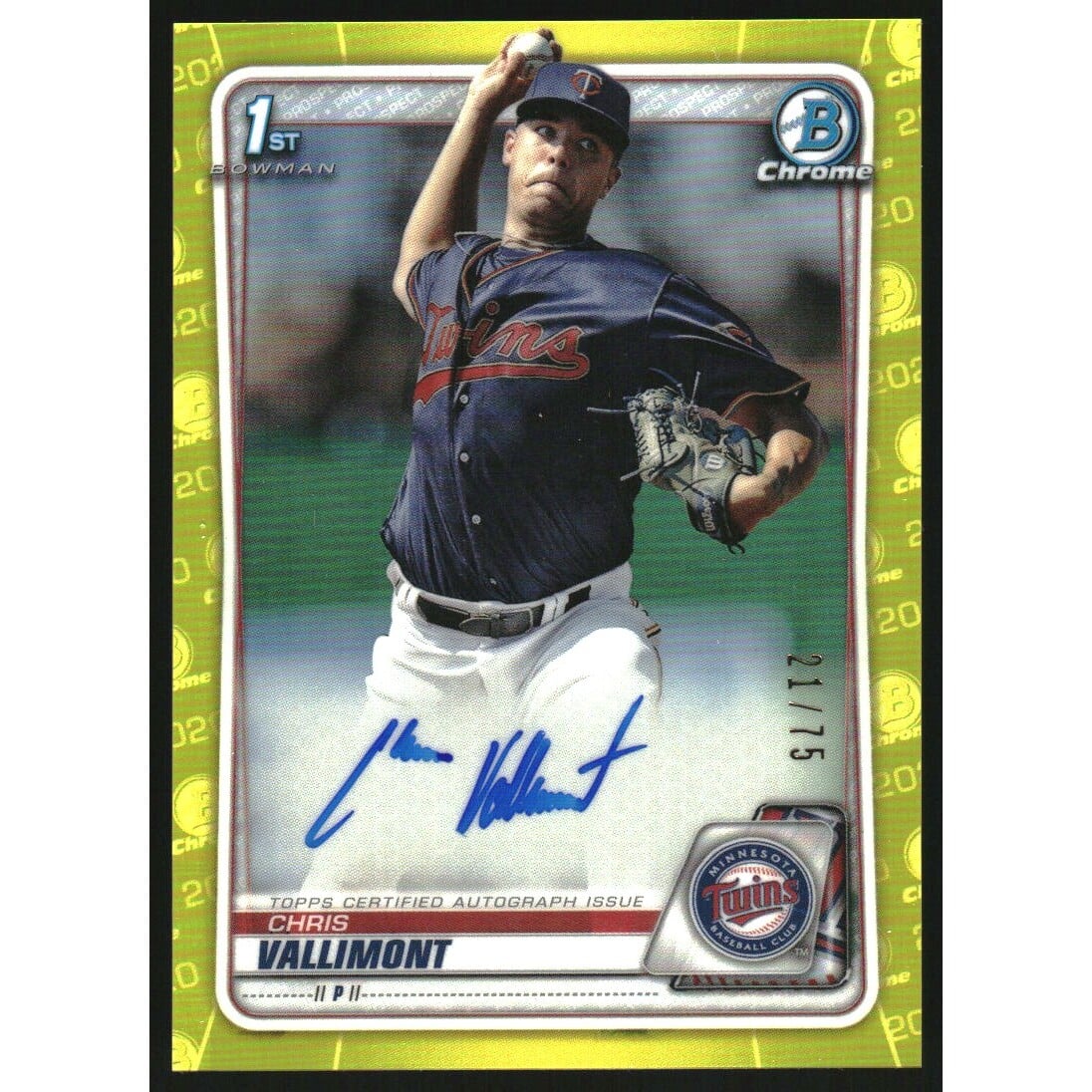 2020 Bowman Chrome Prospect Autographs Yellow Refractors #CPACV Chris Vallimont. rookie card picture