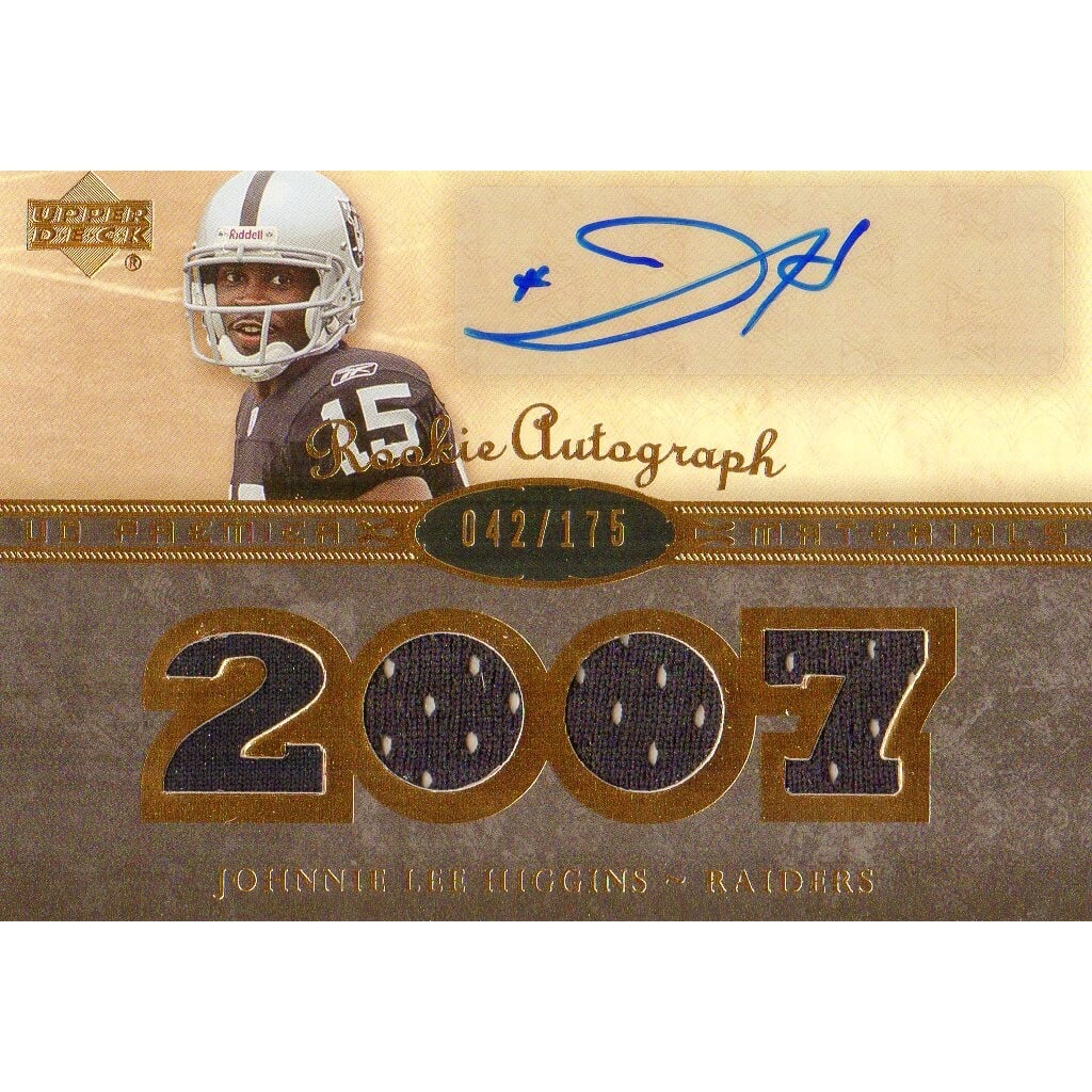 2007 Upper Deck Premier Rookie Autographed Materials Gold #141 Johnnie Lee Higgins. rookie card picture