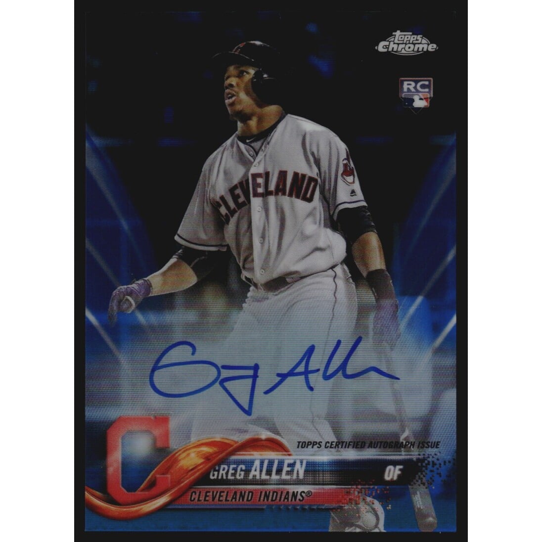 2018 Topps Chrome Rookie Autographs Blue Refractors #RAGA Greg Allen. rookie card picture