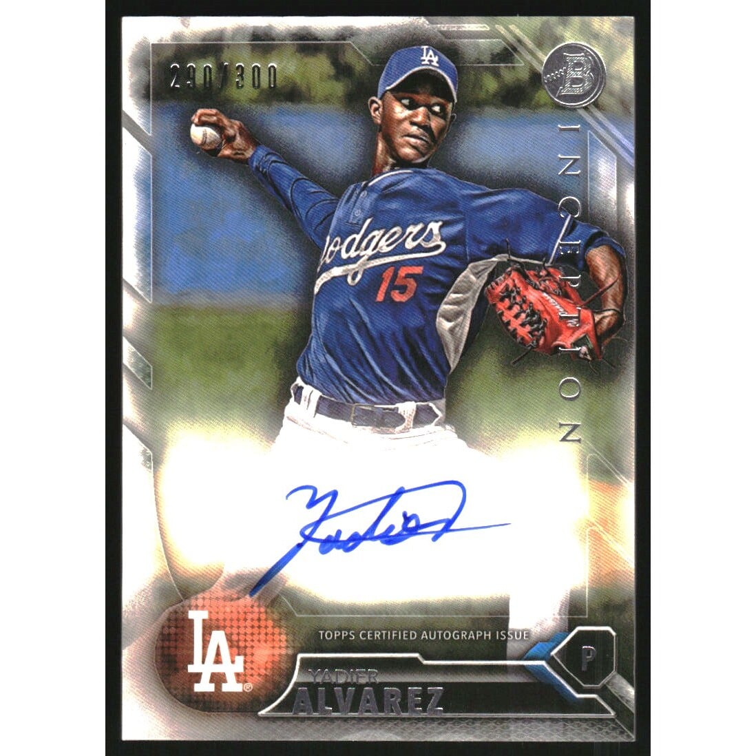 2016 Bowman Inception Inceptionized Prospect Autographs #IBPAYA Yadier Alvarez/300. rookie card picture