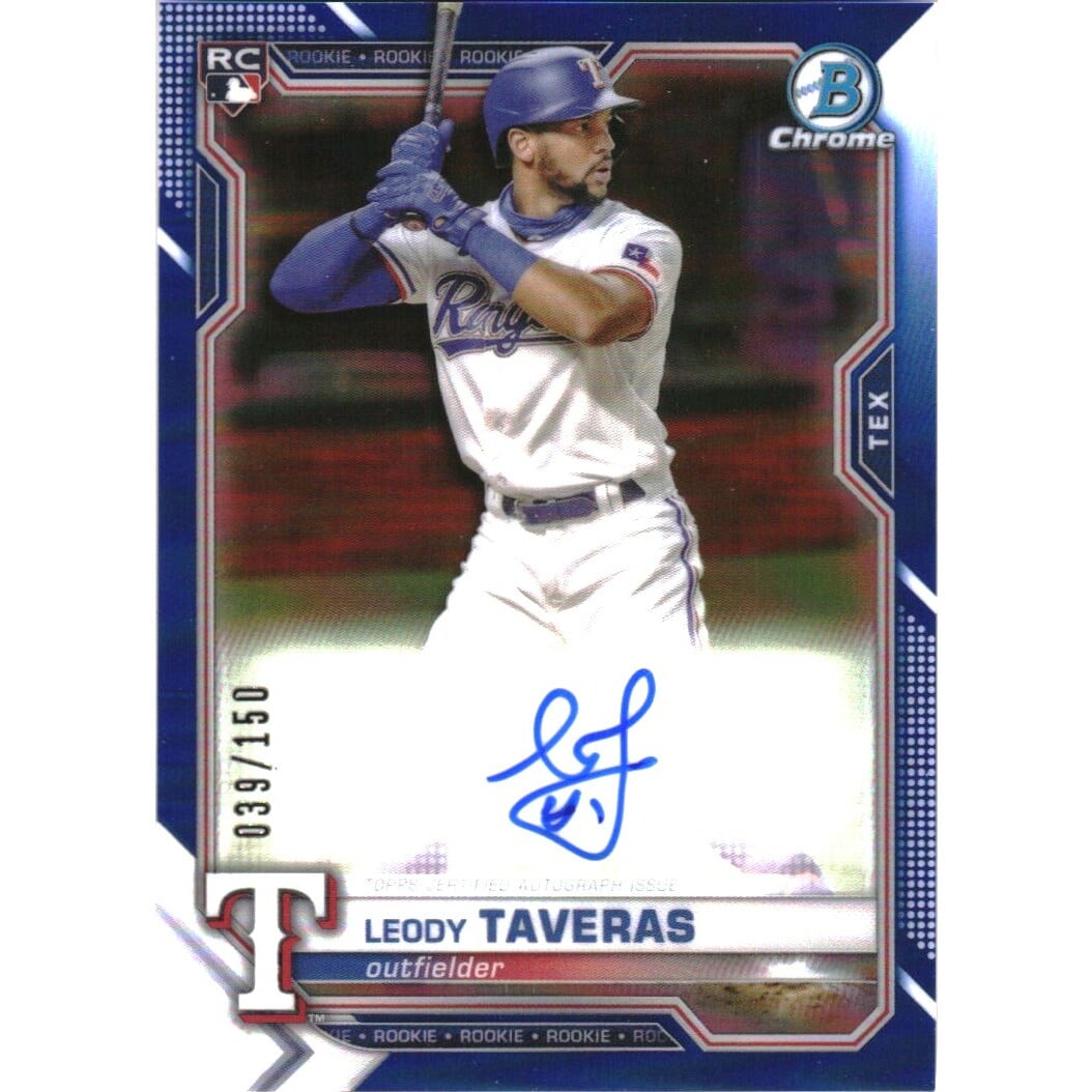 2021 Bowman Chrome Rookie Autographs Blue Refractors #CRALT Leody Taveras. rookie card picture